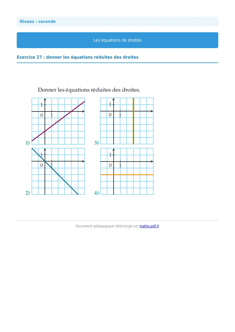 Les équations de droites : exercice n°27 de maths en seconde corrigé en PDF