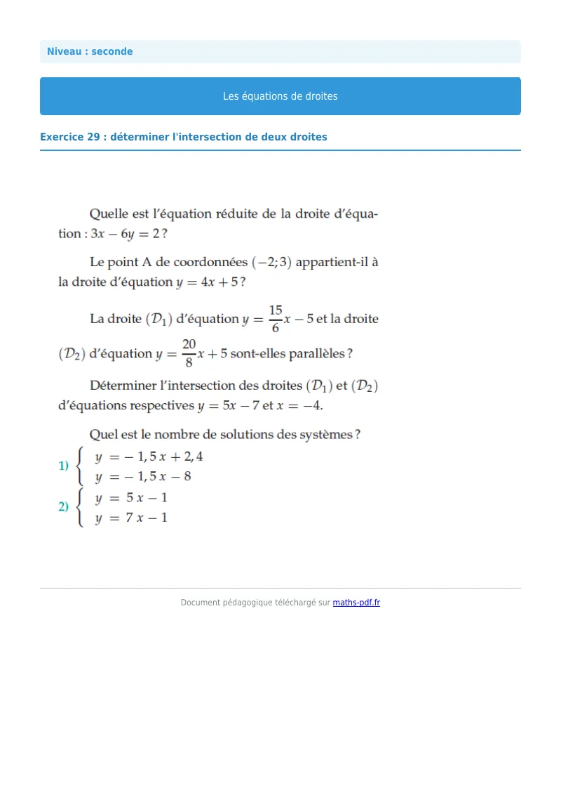 Les équations de droites : exercice n°29 de maths en seconde corrigé en PDF