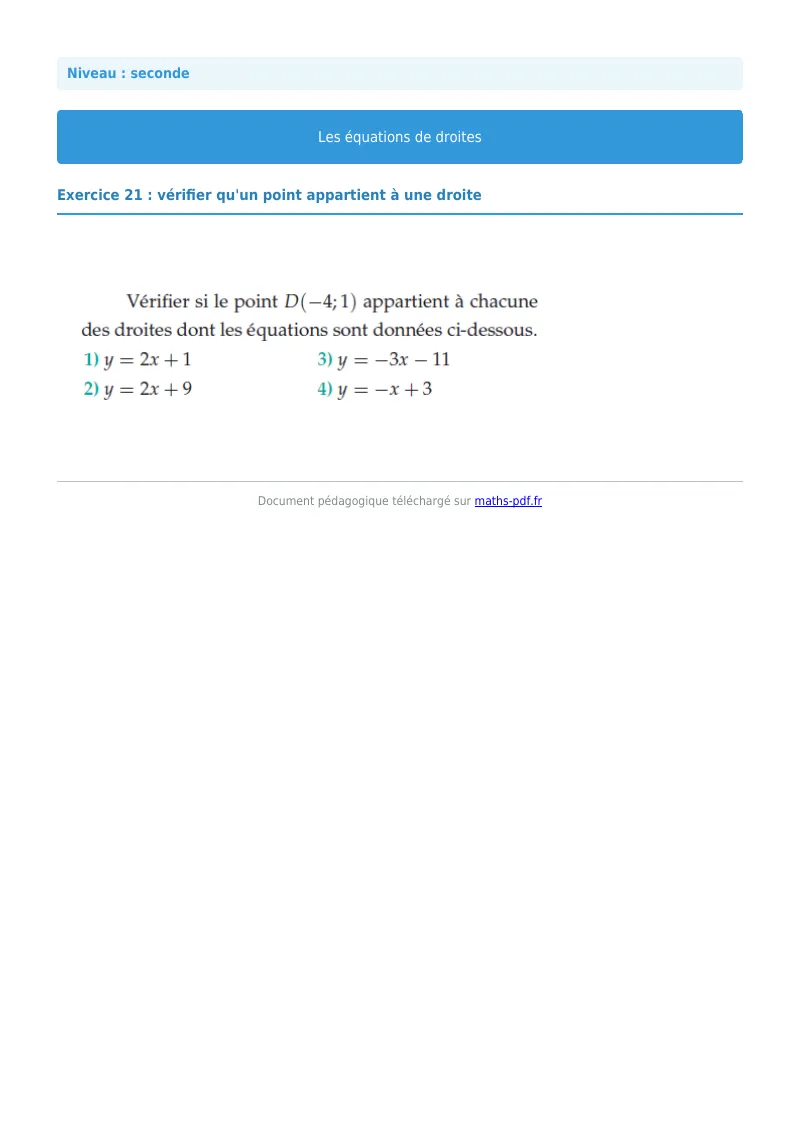 Les équations de droites : exercice n°21 de maths en seconde corrigé en PDF