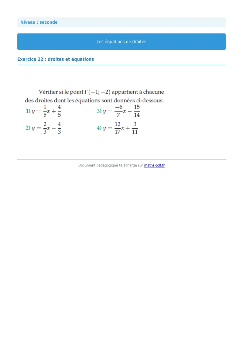 Les équations de droites : exercice n°22 de maths en seconde corrigé en PDF