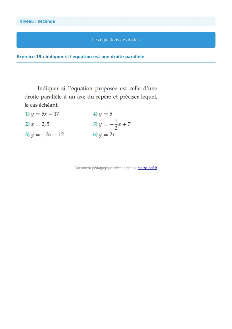 Les équations de droites : exercice n°19 de maths en seconde corrigé en PDF