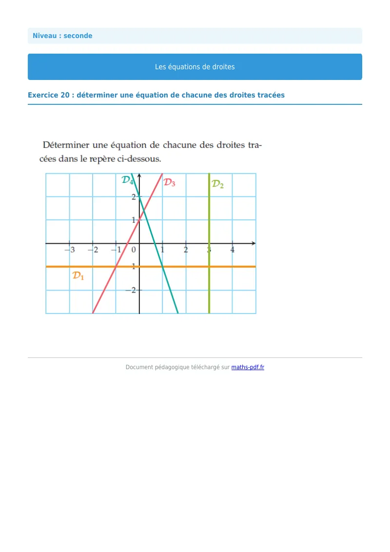 Les équations de droites : exercice n°20 de maths en seconde corrigé en PDF