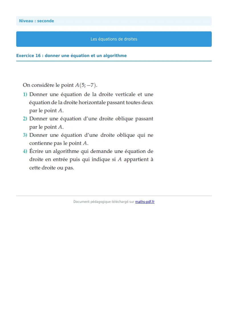 Les équations de droites : exercice n°16 de maths en seconde corrigé en PDF