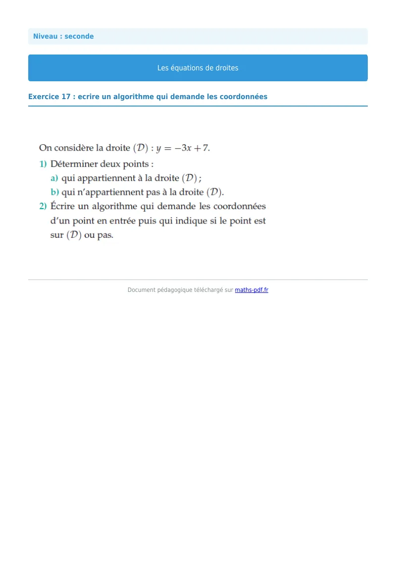 Les équations de droites : exercice n°17 de maths en seconde corrigé en PDF