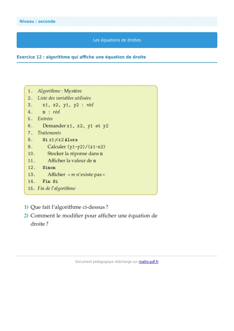 Les équations de droites : exercice n°12 de maths en seconde corrigé en PDF