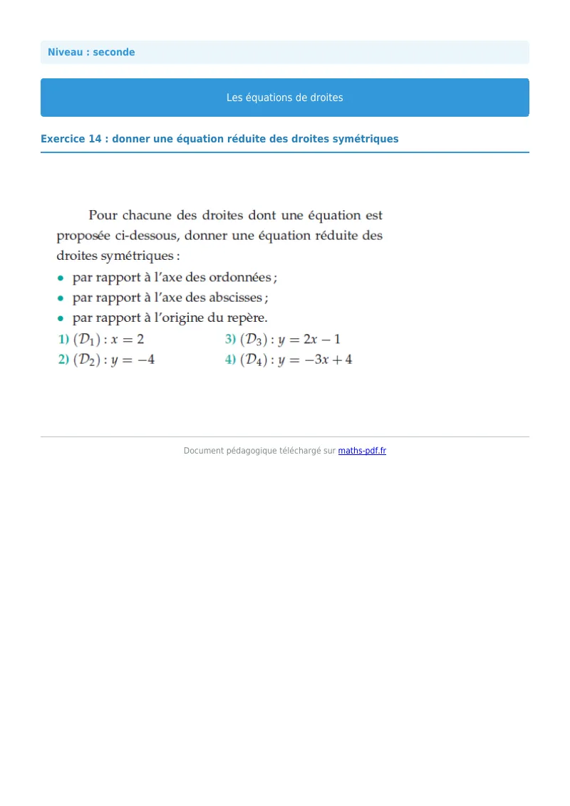 Les équations de droites : exercice n°14 de maths en seconde corrigé en PDF