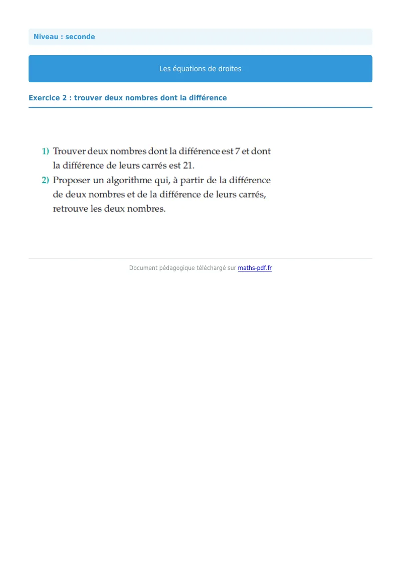 Les équations de droites : exercice n°2 de maths en seconde corrigé en PDF