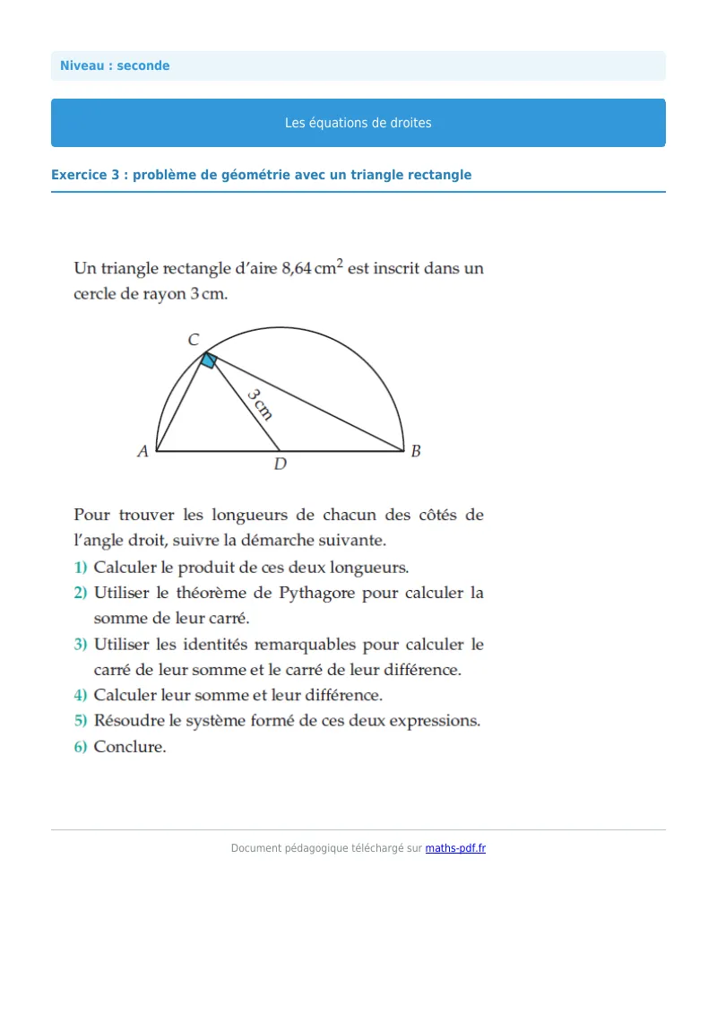 Les équations de droites : exercice n°3 de maths en seconde corrigé en PDF