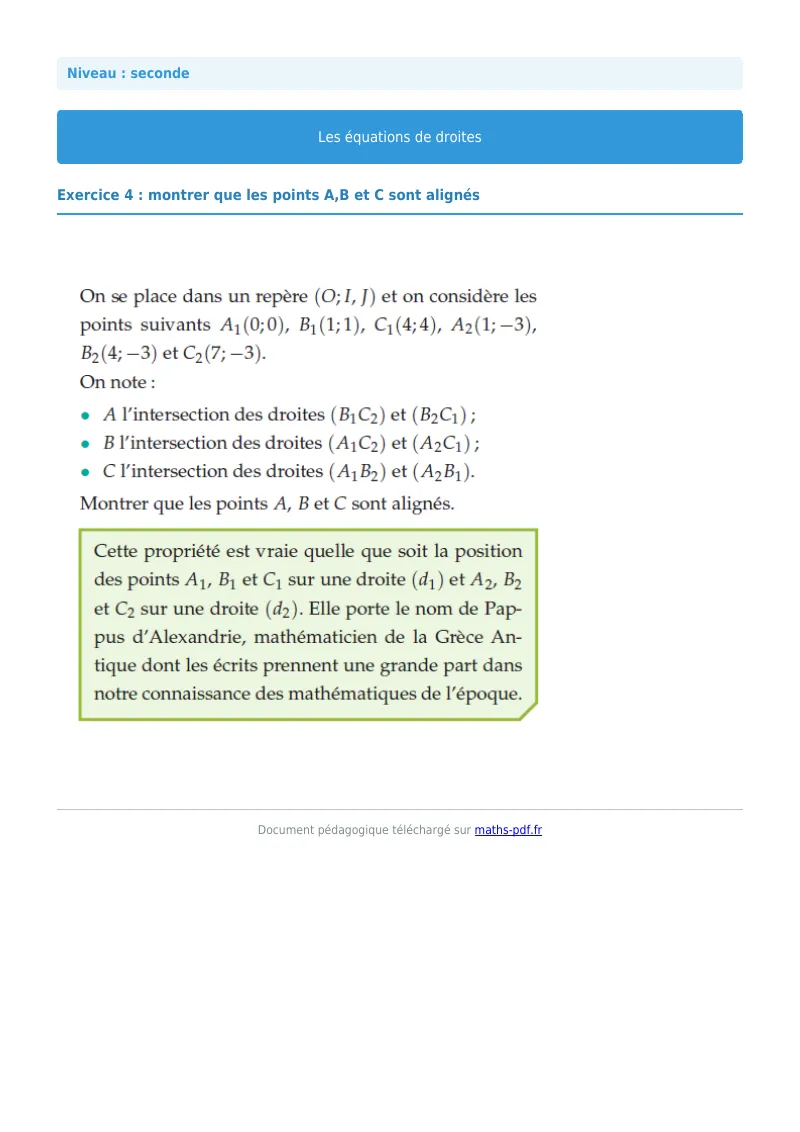 Les équations de droites : exercice n°4 de maths en seconde corrigé en PDF