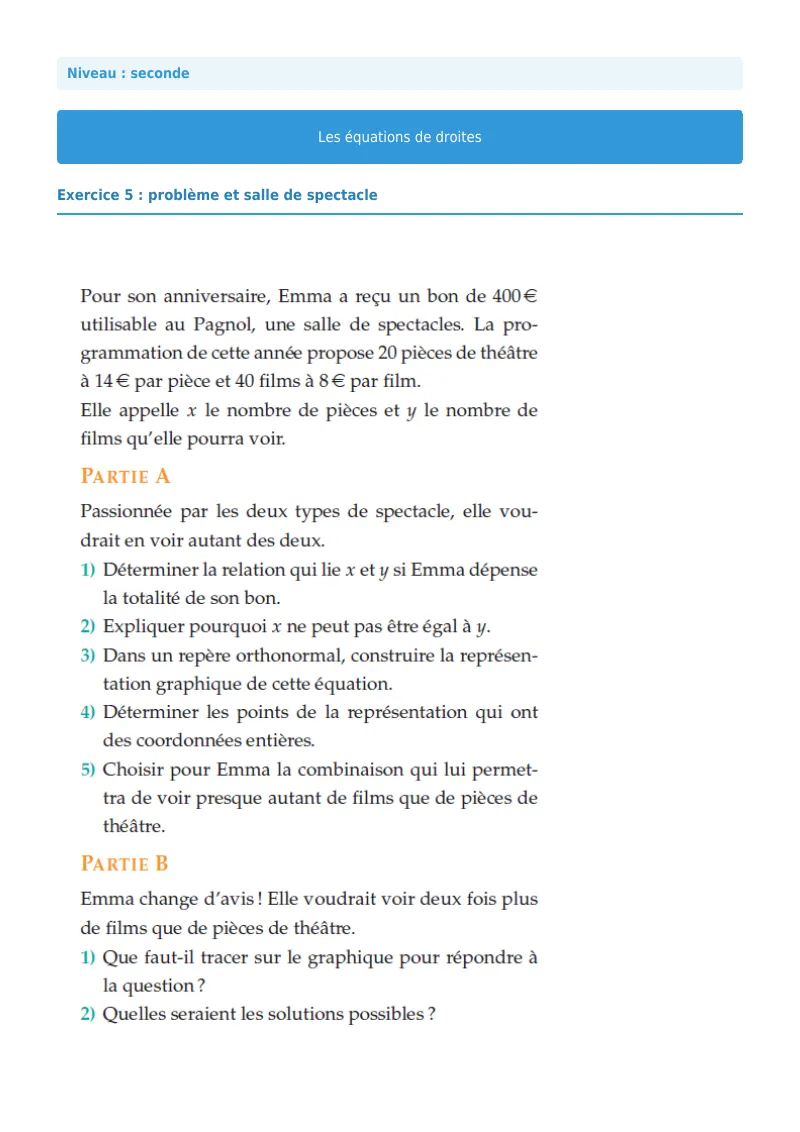 Les équations de droites : exercice n°5 de maths en seconde corrigé en PDF