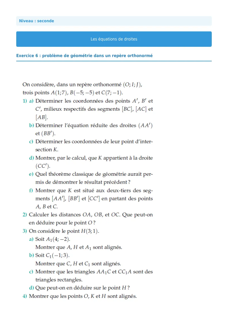 Les équations de droites : exercice n°6 de maths en seconde corrigé en PDF