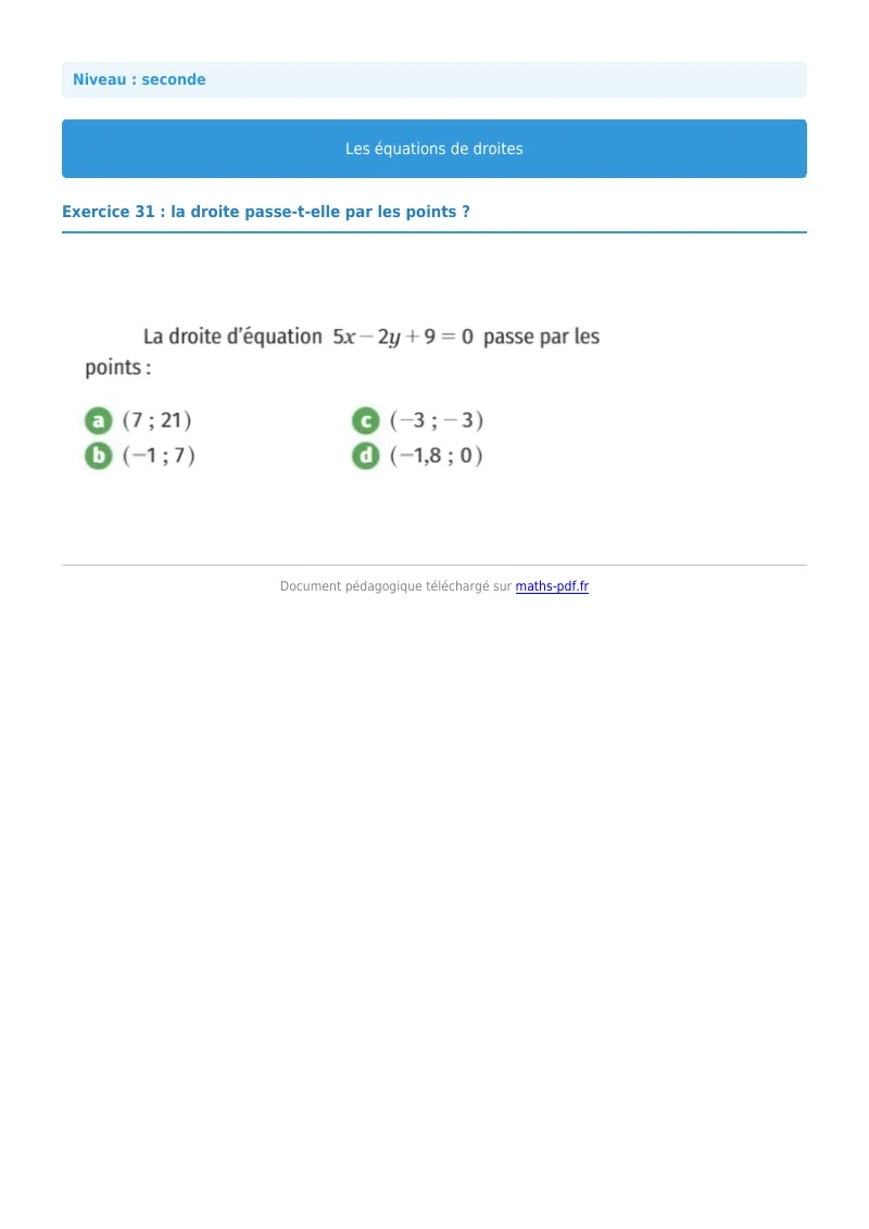 Les équations de droites : exercice n°31 de maths en seconde corrigé en PDF