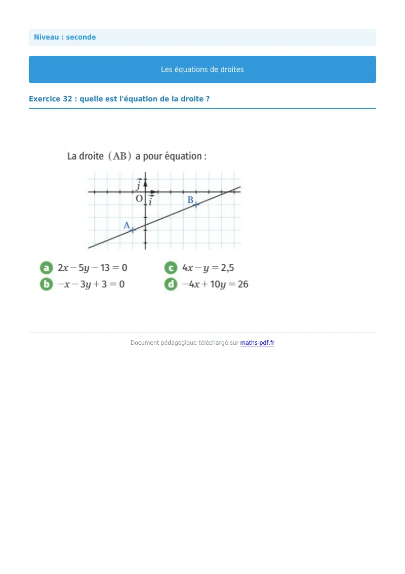 Les équations de droites : exercice n°32 de maths en seconde corrigé en PDF