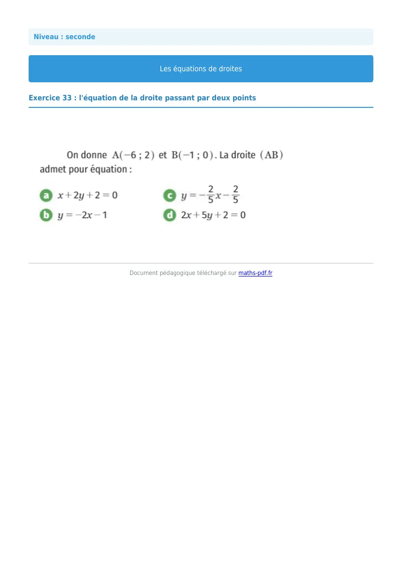Les équations de droites : exercice n°33 de maths en seconde corrigé en PDF