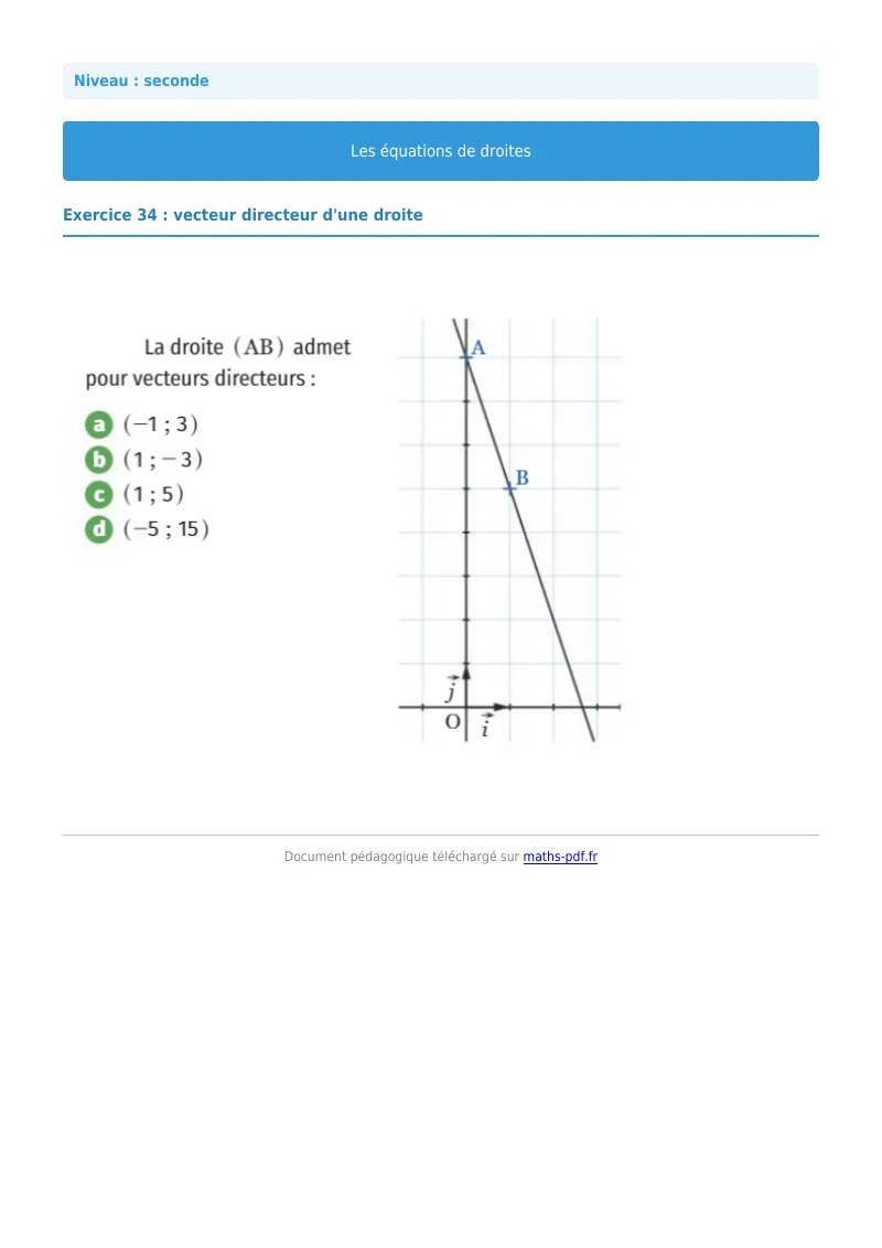 Les équations de droites : exercice n°34 de maths en seconde corrigé en PDF