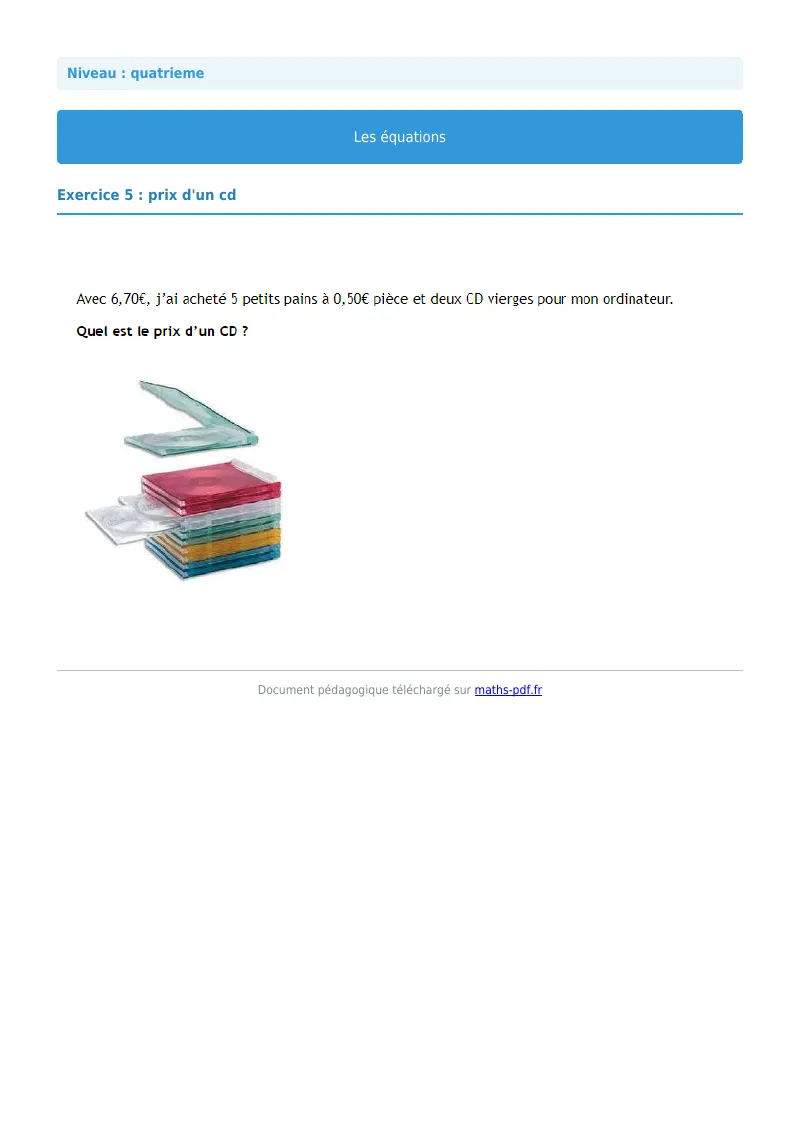 Les équations : exercice n°5 de maths en 4ème corrigé en PDF