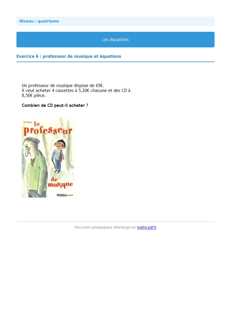 Les équations : exercice n°6 de maths en 4ème corrigé en PDF