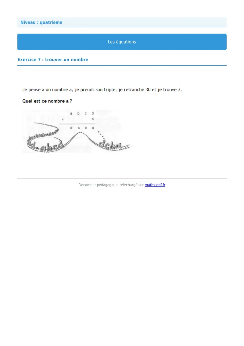 Les équations : exercice n°7 de maths en 4ème corrigé en PDF