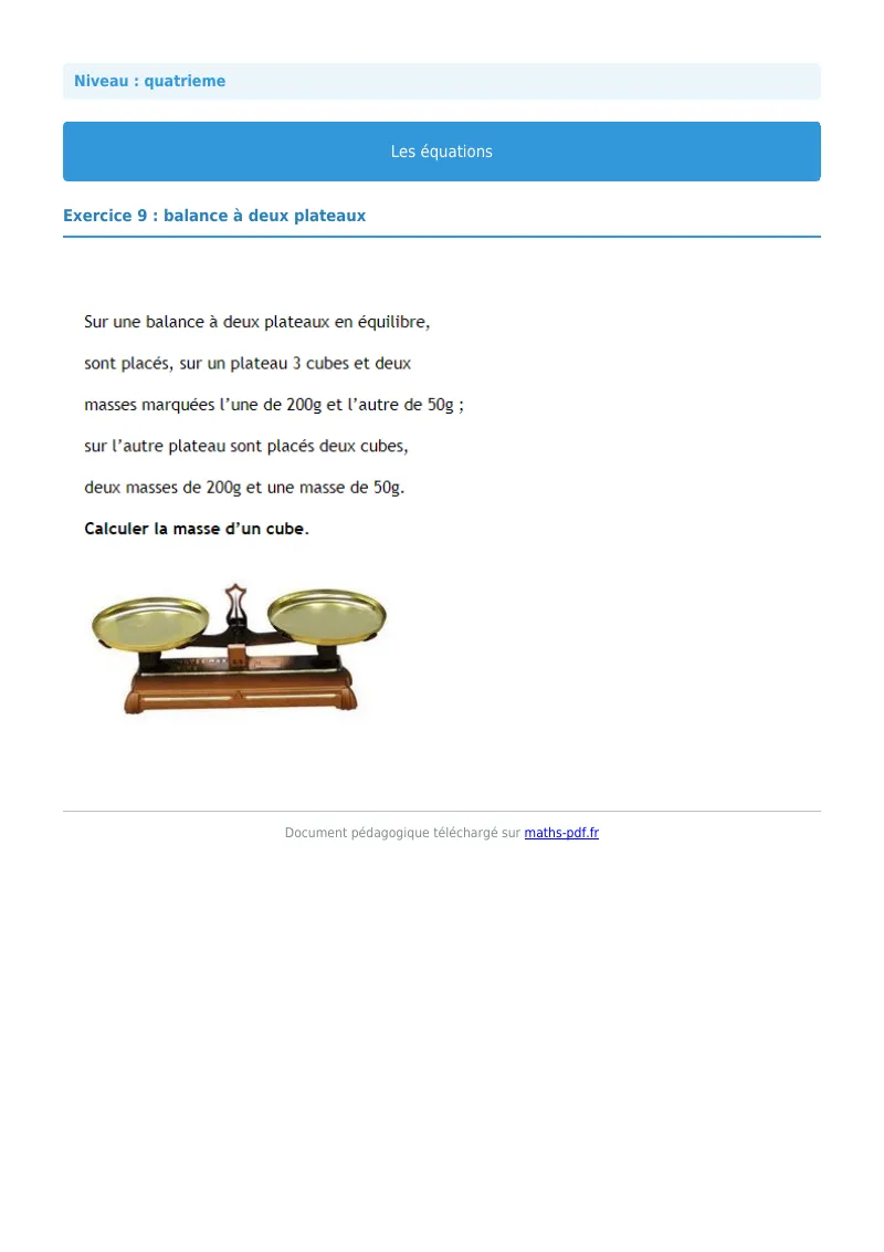 Les équations : exercice n°9 de maths en 4ème corrigé en PDF