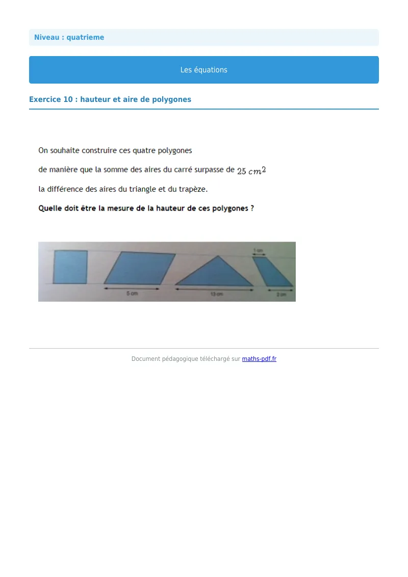 Les équations : exercice n°10 de maths en 4ème corrigé en PDF