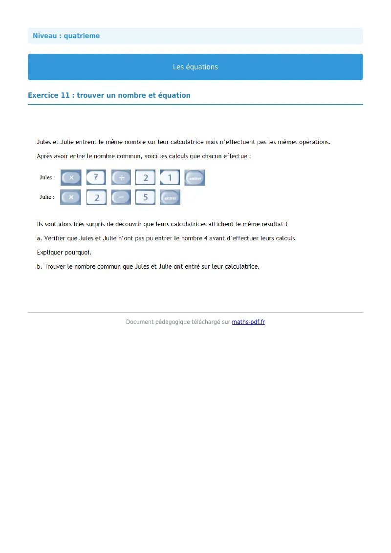 Les équations : exercice n°11 de maths en 4ème corrigé en PDF