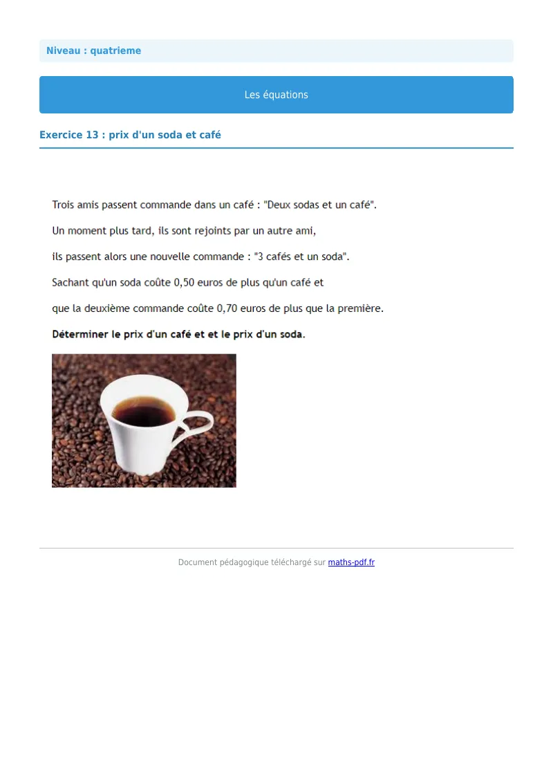 Les équations : exercice n°13 de maths en 4ème corrigé en PDF