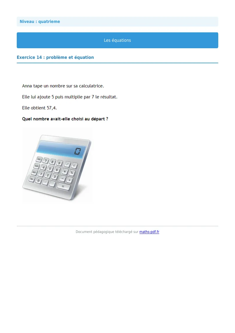 Les équations : exercice n°14 de maths en 4ème corrigé en PDF