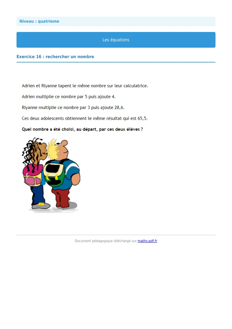 Les équations : exercice n°16 de maths en 4ème corrigé en PDF