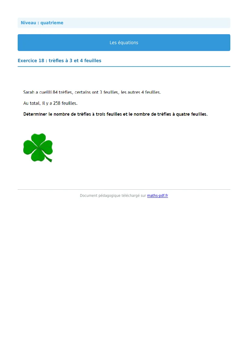 Les équations : exercice n°18 de maths en 4ème corrigé en PDF