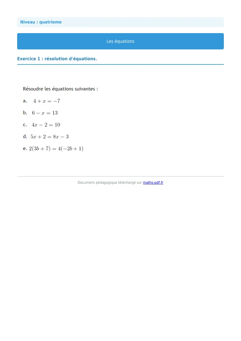 Les équations : exercice n°1 de maths en 4ème corrigé en PDF