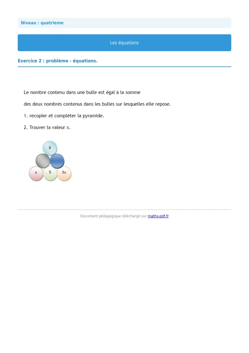 Les équations : exercice n°2 de maths en 4ème corrigé en PDF