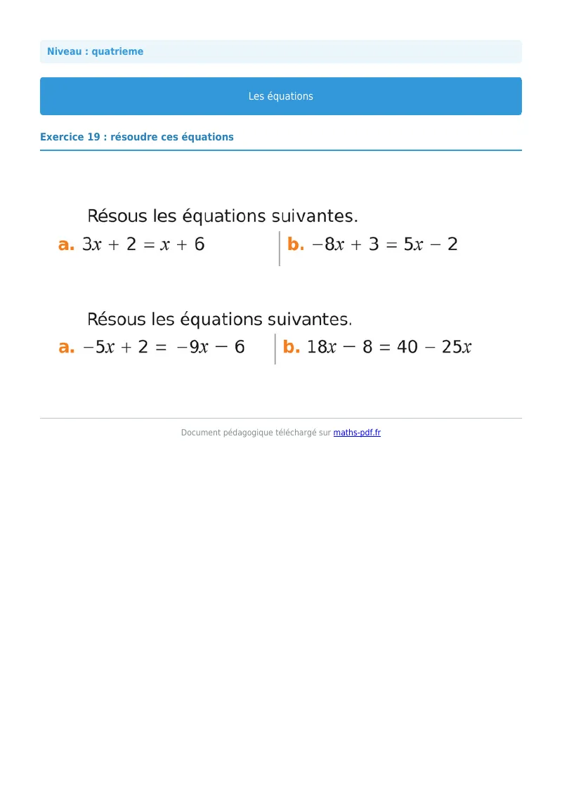 Les équations : exercice n°19 de maths en 4ème corrigé en PDF
