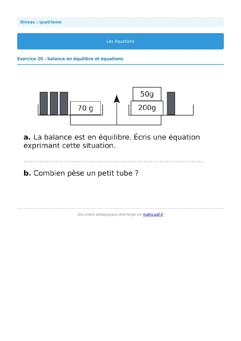 Les équations : exercice n°20 de maths en 4ème corrigé en PDF