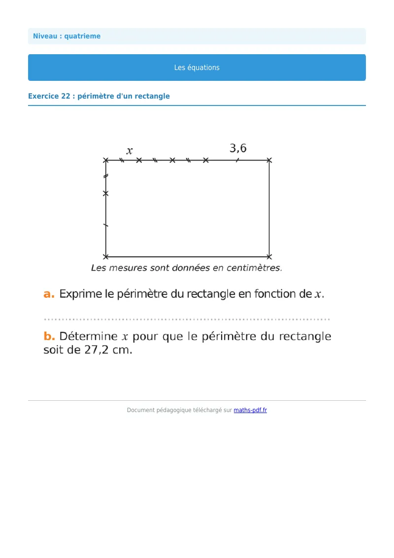 Les équations : exercice n°22 de maths en 4ème corrigé en PDF