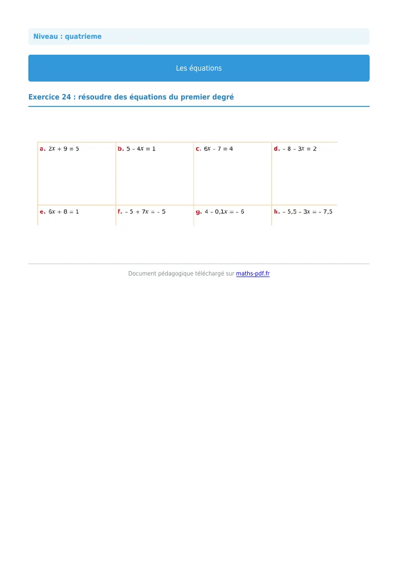 Les équations : exercice n°24 de maths en 4ème corrigé en PDF