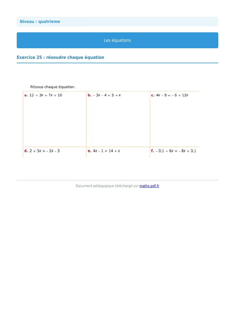 Les équations : exercice n°25 de maths en 4ème corrigé en PDF
