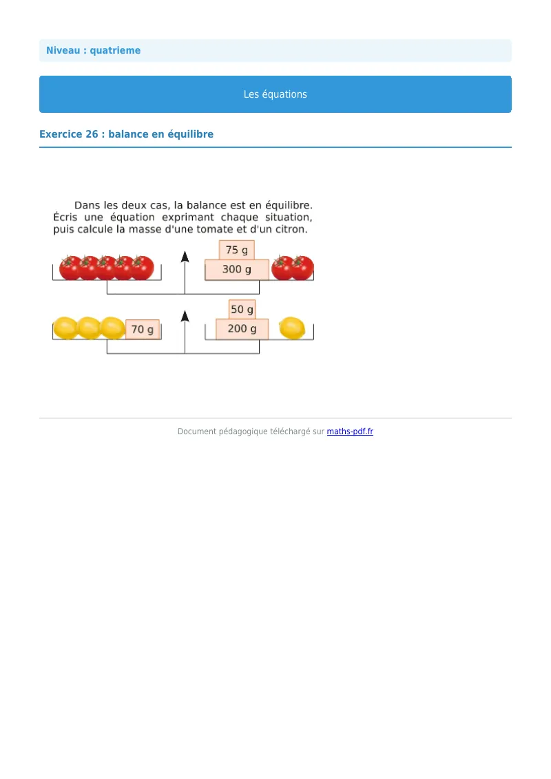 Les équations : exercice n°26 de maths en 4ème corrigé en PDF