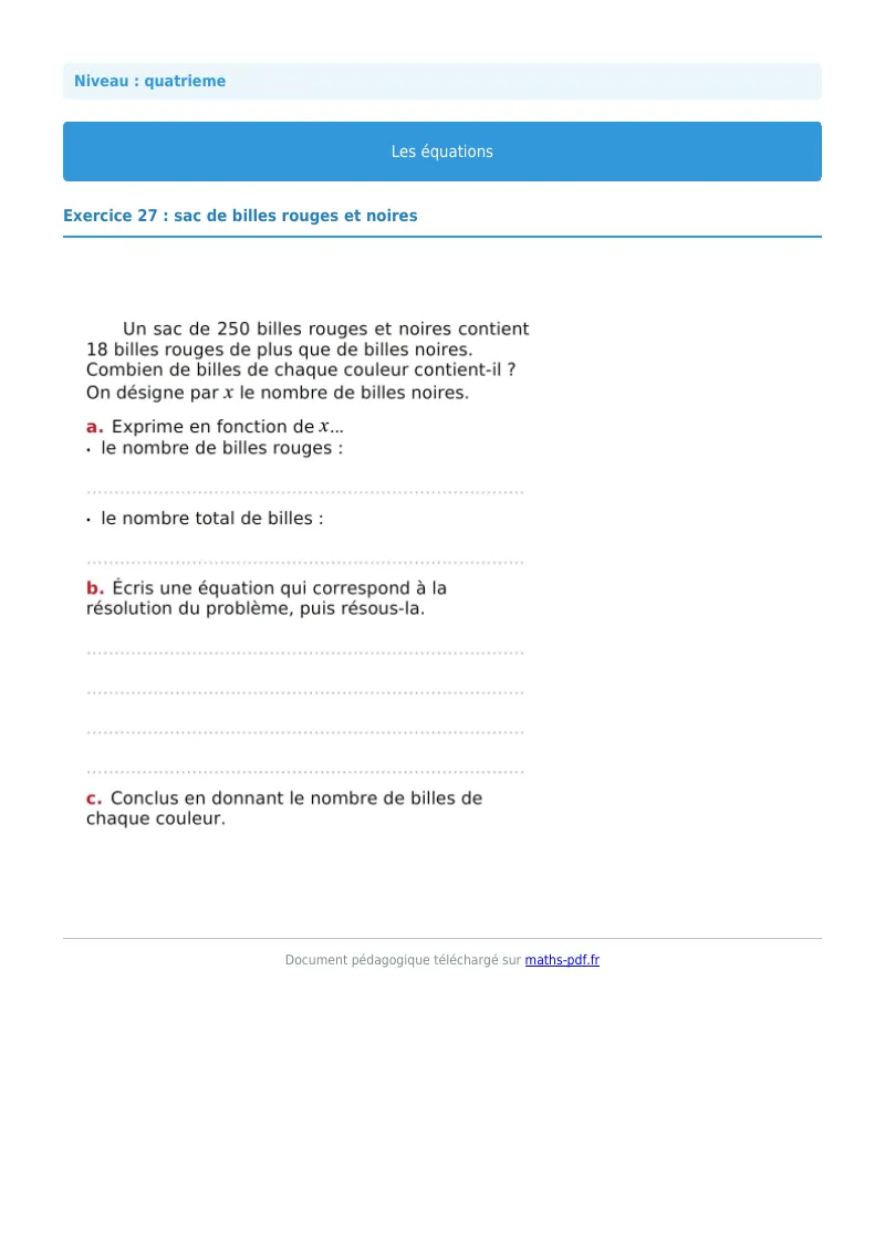 Les équations : exercice n°27 de maths en 4ème corrigé en PDF