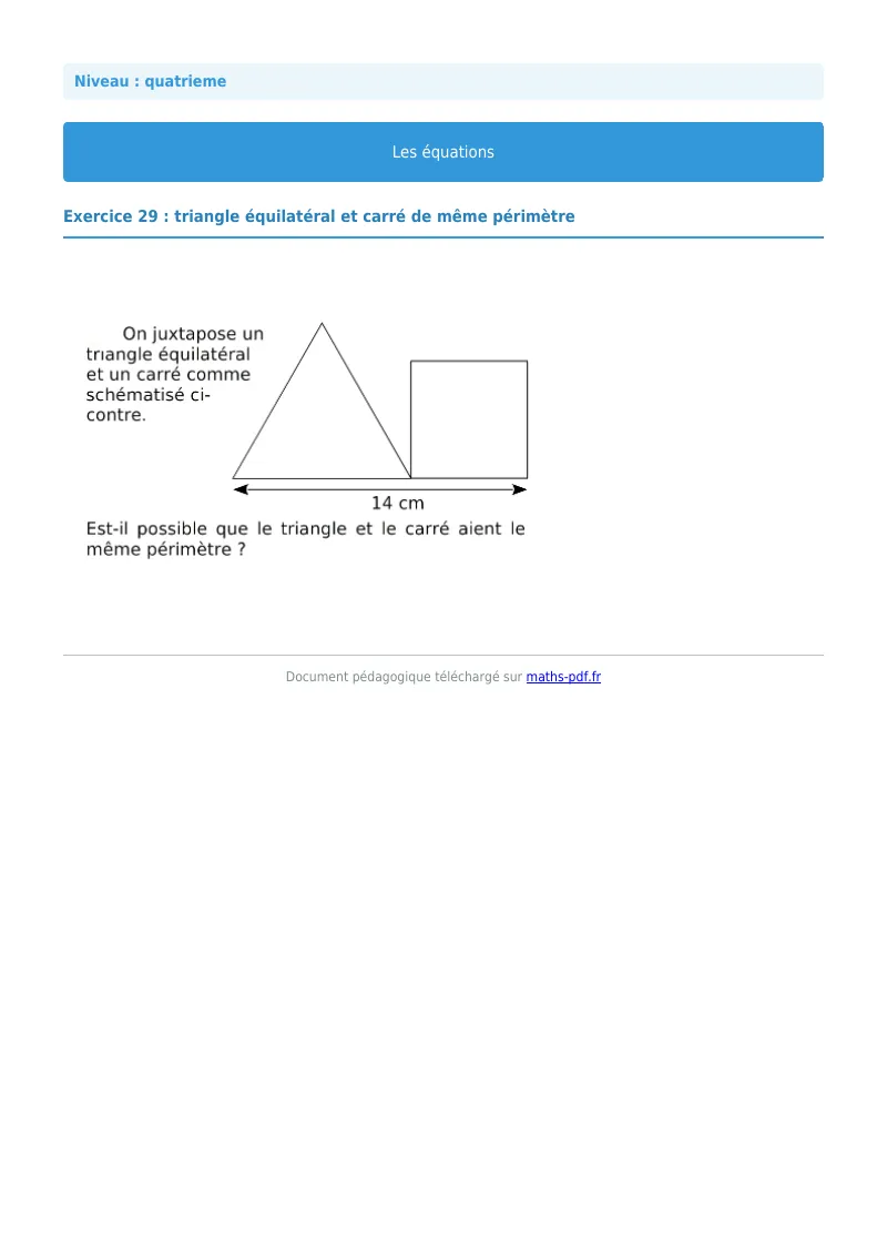 Les équations : exercice n°29 de maths en 4ème corrigé en PDF