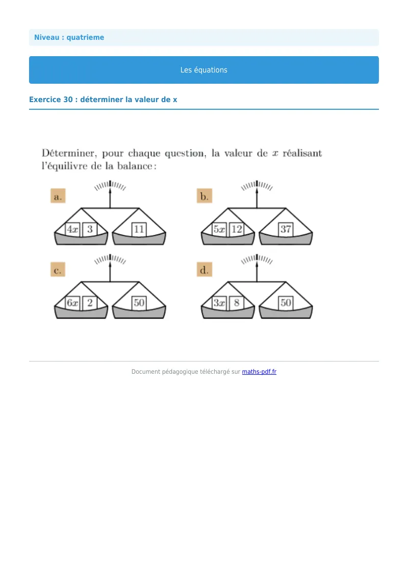 Les équations : exercice n°30 de maths en 4ème corrigé en PDF