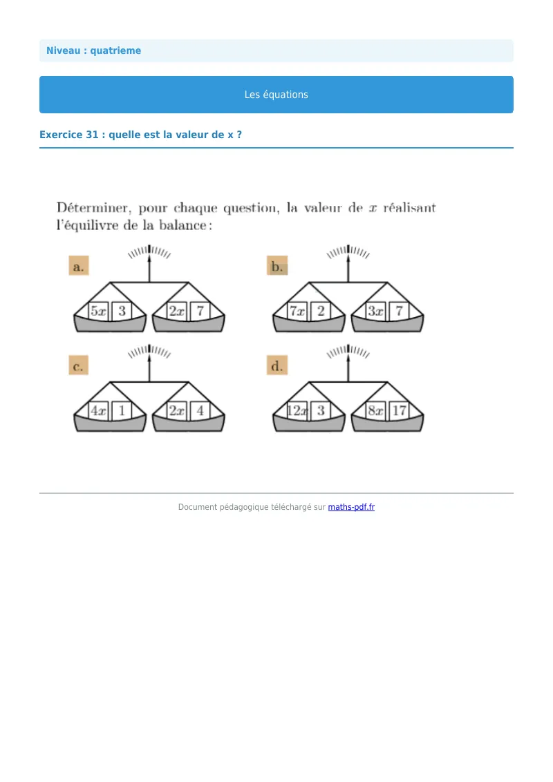 Les équations : exercice n°31 de maths en 4ème corrigé en PDF
