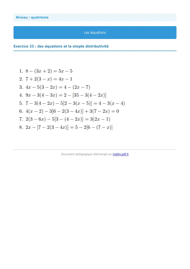 Les équations : exercice n°33 de maths en 4ème corrigé en PDF