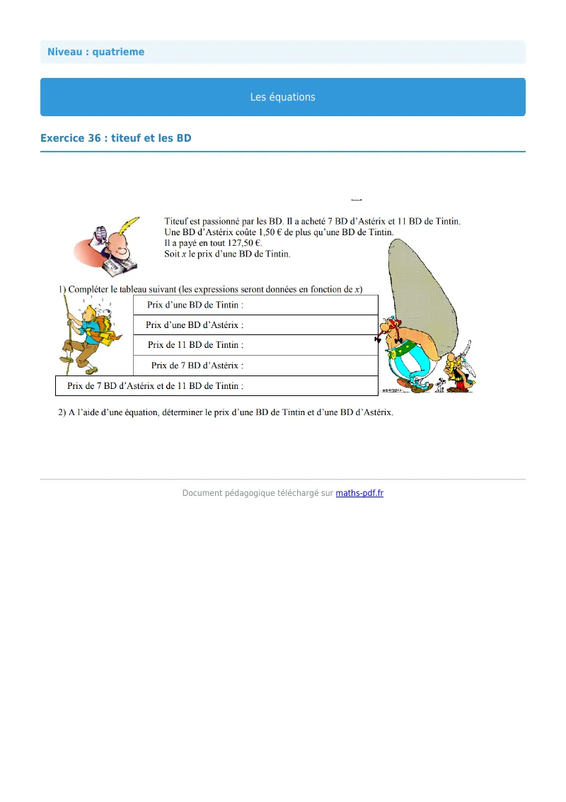 Les équations : exercice n°36 de maths en 4ème corrigé en PDF