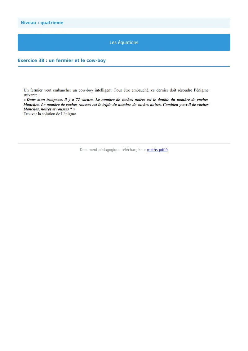 Les équations : exercice n°38 de maths en 4ème corrigé en PDF