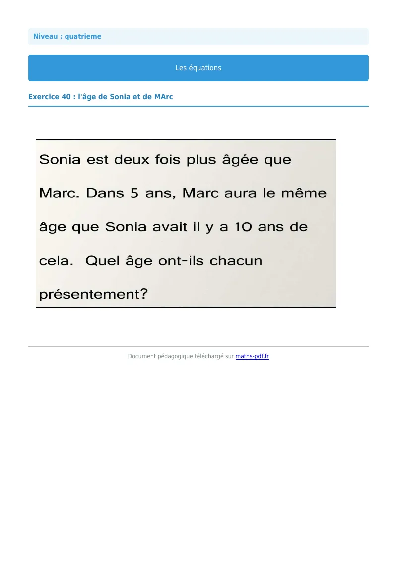Les équations : exercice n°40 de maths en 4ème corrigé en PDF