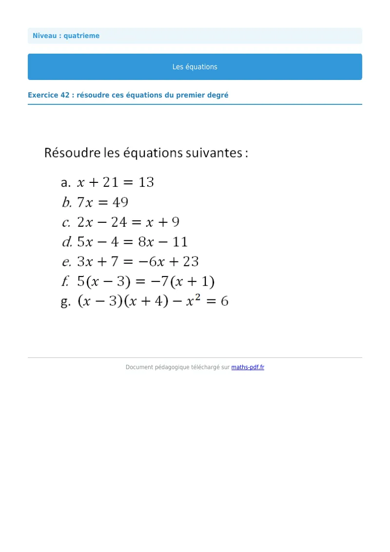 Les équations : exercice n°42 de maths en 4ème corrigé en PDF