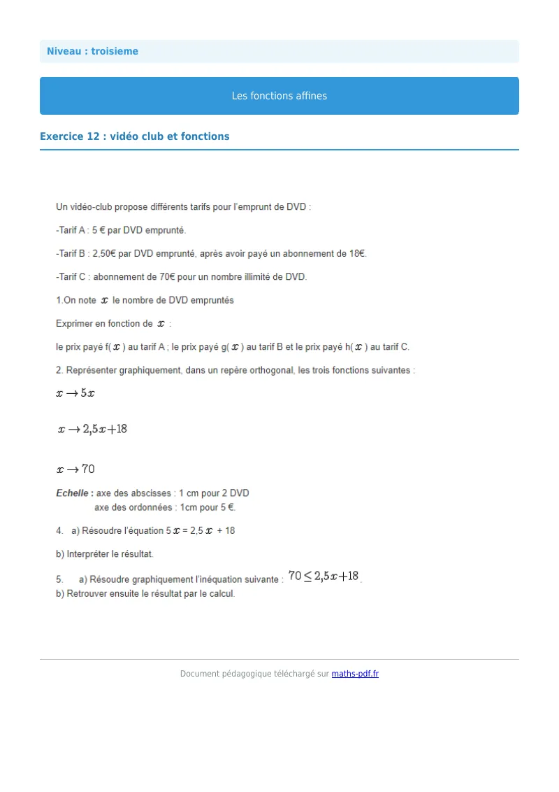 Fonctions affines : exercice n°12 de maths en 3ème corrigé en PDF