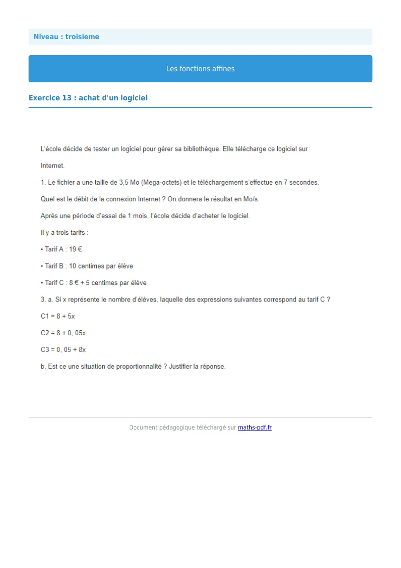 Fonctions affines : exercice n°13 de maths en 3ème corrigé en PDF