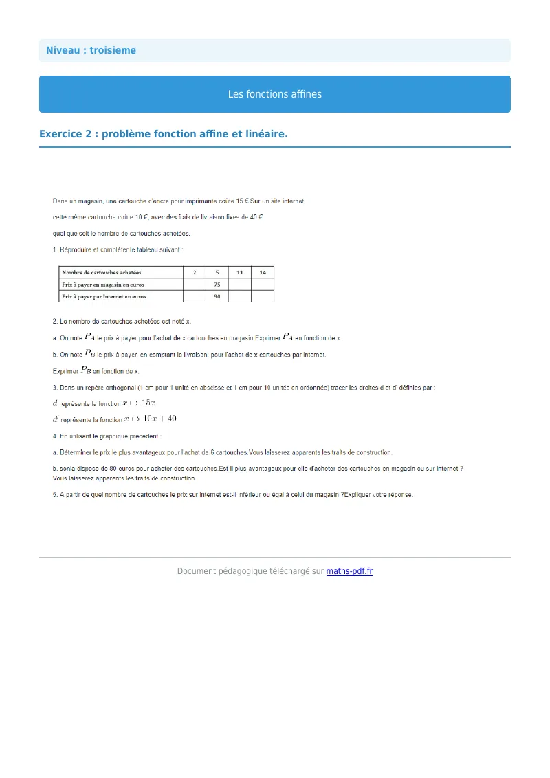 Fonctions affines : exercice n°2 de maths en 3ème corrigé en PDF