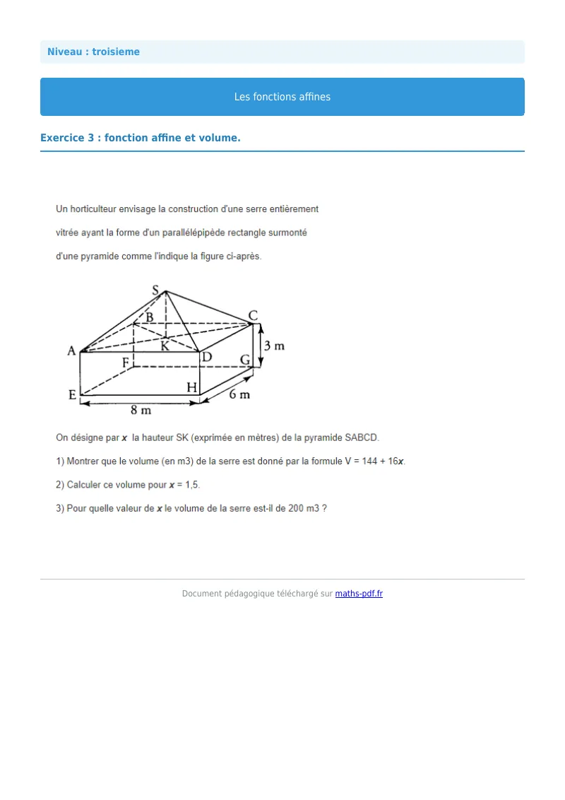 Fonctions affines : exercice n°3 de maths en 3ème corrigé en PDF